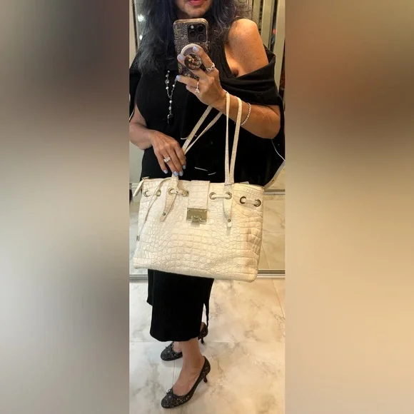 JIMMY CHOO Authentic Ivory Rhea Leather Croc Luxe Handbag - Picture 2 of 16